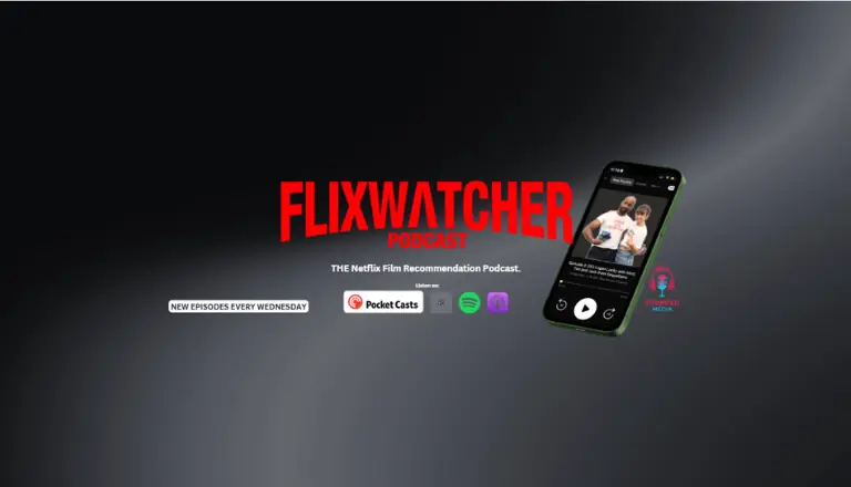 Professional movie review podcast YouTube branding and channel art for Flixwatcher.